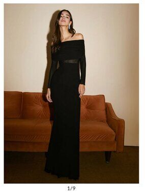Commense Overfold Off-Shoulder Mesh Long Sleeve Long Dress Black